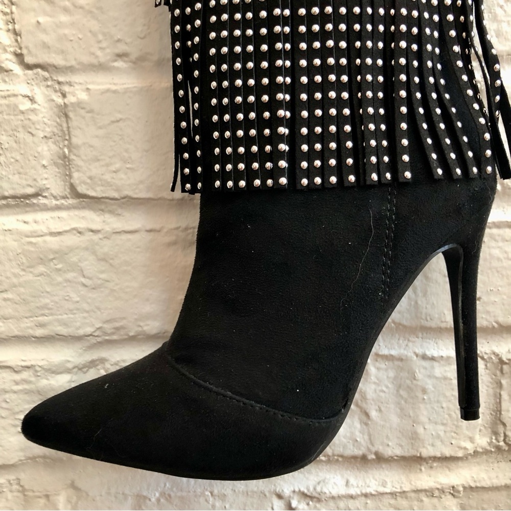 Blacksilver studs Fringe over the knee Boots Stiletto heels Faux suede leather 6 - Picture 9 of 16